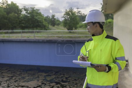 Photo for Environmental engineer work at wastewater treatment plants. Water supply engineering working at Water recycling plant for reuse - Royalty Free Image