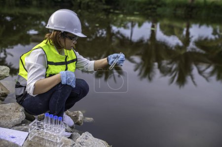 Photo for Environmental engineer inspect water quality. Bring water to the lab for testing. Check the mineral content in water and soil. Check for contaminants in water sources. - Royalty Free Image