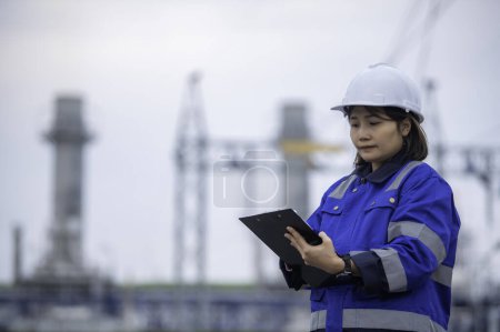 Téléchargez les photos : Ingénieur pétrochimique asiatique travaillant dans une usine de raffinage de pétrole et de gaz. La travailleuse ingénieur contrôle du travail à la centrale de production d'énergie - en image libre de droit