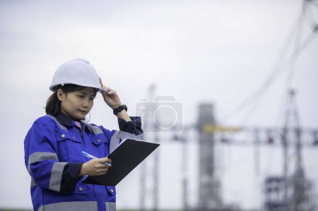 Photo for Asian woman petrochemical engineer working at oil and gas refinery plant industry factory. The worker woman engineer work control at power plant energy industry manufacturing - Royalty Free Image