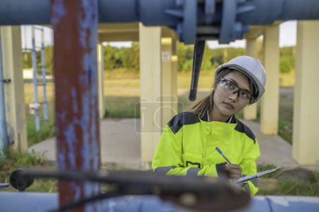 Photo for Environmental engineers work at wastewater treatment plants,Female plumber technician working at water supply - Royalty Free Image