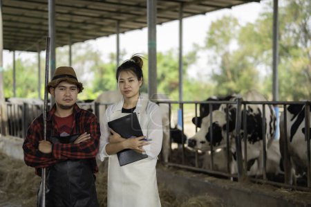 Foto de Los agricultores asiáticos trabajan en una granja lechera rural fuera de la ciudad. Jóvenes con vaca - Imagen libre de derechos