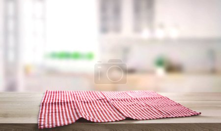 Checkered towel on wooden table. Food design layout. 