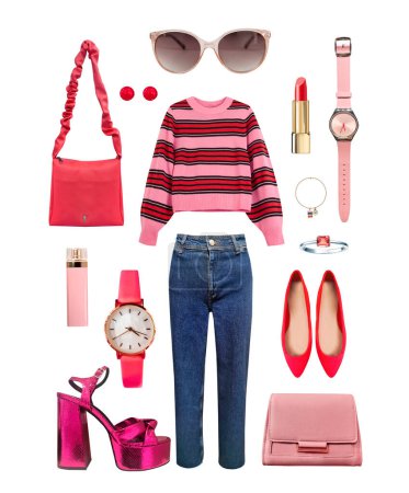 Téléchargez les photos : Beautiful pink red spring clothing set isolated on white. Women's clothes. Fashion lady's apparel and accessories.Trendy collection. - en image libre de droit