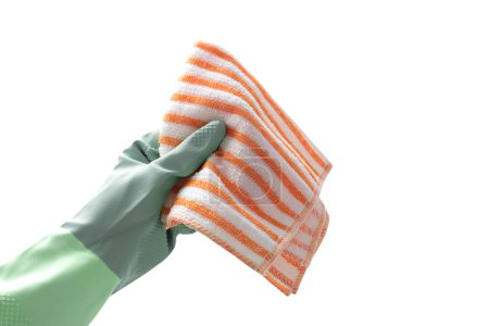 Hand in glove holding terry napkin.Household concept,bathroom and kitchen cleaning, glass fiber. Housework. Domestic work. Cloth in hand isolated.Housecleaning design element.Chore.