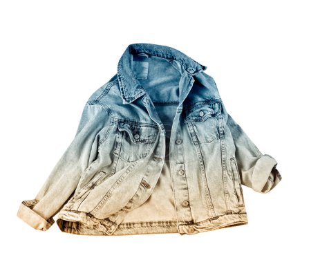 Photo for Blue denim jacket isolated on white, jean flying dungaree.Female gradient crumpled coat. - Royalty Free Image