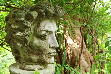 Téléchargez les photos : Superbe vieille figure en pierre de l'homme grec tête dans un jardin - en image libre de droit