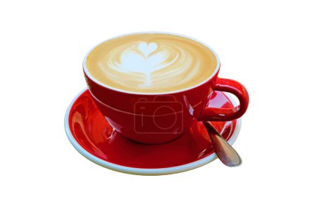 Foto de Café Cappuccino caliente en taza roja aislado sobre fondo blanco - Imagen libre de derechos