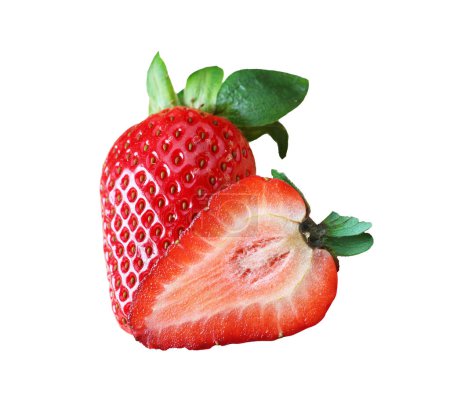 Fresh Ripe Strawberry Whole Fruit with Cross Section on Transparent Background, PNG File
