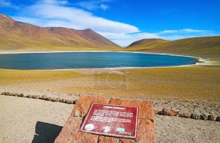 Foto de Laguna Miniques lago con el tablero de información, ubicado en el altiplano de la región de Antofagasta, Reserva Nacional Los Flamencos, Chile, América del Sur - Imagen libre de derechos