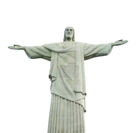 Foto de Estatua de Cristo Redentor, Una de las Nuevas 7 Maravillas del Mundo, Montaña Corcovado en Río de Janeiro, Brasil, América del Sur sobre fondo blanco - Imagen libre de derechos