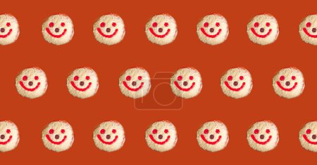 Photo for Smiling Face Coconut Flakes Jelly Donuts Pattern on Reddish Brown Background - Royalty Free Image
