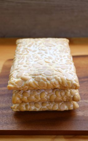 Stack of Tempeh, a source of high plant based protein and fiber made from fermented soybeans
