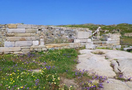Terrasse des Lions, symbole célèbre du site archéologique de Délos, île de Délos, Mykonos, Grèce