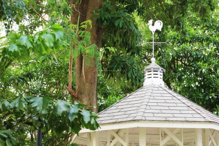 Wetterfahne auf einem hölzernen Pavillon im tropischen Garten
