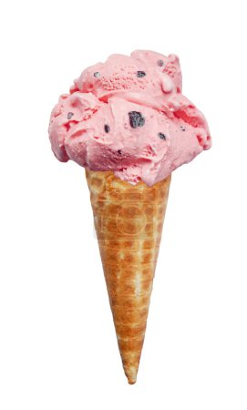 Strawberry Chocolate Chip Ice Cream Cone Isolated on white background