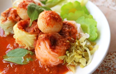 Khanom Jeen Nam Ya Pa, Thai North-eastern Region Dish of Rice Vermicelli with Hot and Spicy Minced Fish Soup