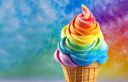 Rainbow Colored Soft Serve Ice Cream Cone on Rainbow Background for Pride Month