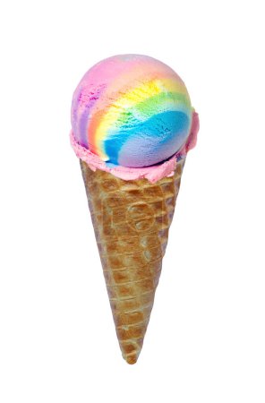 Scoop of Pastel Rainbow Colored Ice Cream Cone on White Background