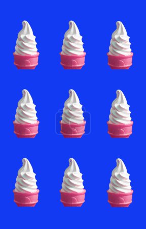 Rangées de lait doux servir de la crème glacée dans des cônes roses sur fond bleu outremer