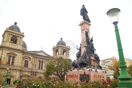 La Paz Cathedral with the Monument to Don Pedro Domingo Murillo, Leader of Bolivian Independence,  Murillo Square, La Paz, Bolivia, South America