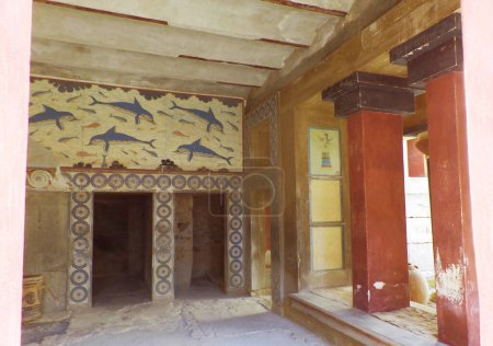 Iconic Dolphin Fresco of The Queen's Megaron in the Archaeological Site of Knossos, UNESCO World Heritage on Crete Island of Greece