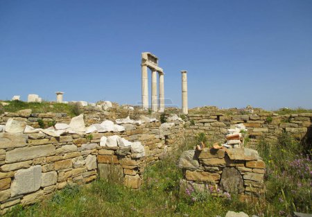 Impresionantes ruinas del antiguo templo griego en el sitio arqueológico de la isla de Delos, Mykonos, Grecia