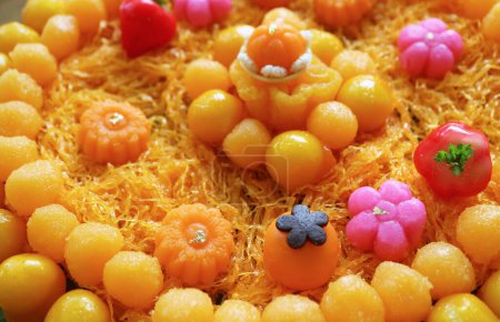 Closeup of Assorted Auspicious Thai Traditional Desserts Made from Sweetened Egg Yolks