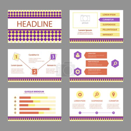 Ilustración de Plantilla powerpoint púrpura y amarillo, diapositivas de presentación multipropósito con gráficos y gráficos - Imagen libre de derechos