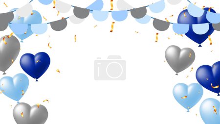 Elements for congratulating dady. Greeting card, poster or banner with balloons and flag, party poppers with confetti. Vector illustration, copy space