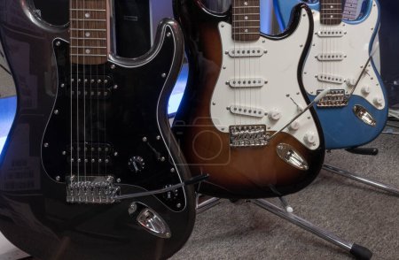 Photo for Lafayette - Circa December 2022: Fender Stratocaster guitar display at a music store. Strats are world renowned for their distinctive clean sound. - Royalty Free Image