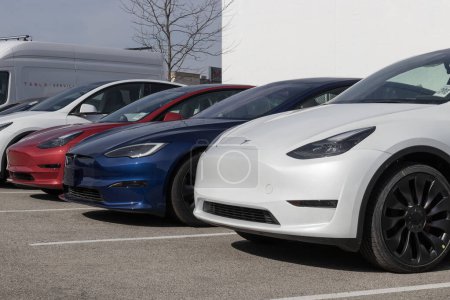 Indianapolis - Circa March 2023: Tesla EV electric vehicles on display. Tesla products include electric cars, battery energy storage and solar panels.