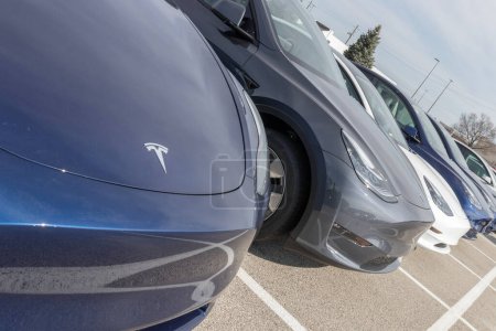 Foto de Indianápolis - Circa Marzo 2023: Tesla EV vehículos eléctricos en exhibición. Productos Tesla incluyen coches eléctricos, almacenamiento de energía de la batería y paneles solares. - Imagen libre de derechos