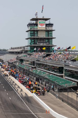 Photo for Indianapolis - Circa May 2023: Indy 500 practice sessions at Indianapolis Motor Speedway, including the IMS Pagoda. IMS is The Racing Capital of the World. - Royalty Free Image