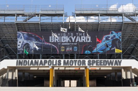 Photo for Indianapolis - June 24, 2023: Indianapolis Motor Speedway Gate Two entrance. With a banner for the Verizon 200 and the Gallagher IndyCar Grand Prix. - Royalty Free Image