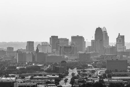 Photo for Cincinnati - July 16, 2023: Cincinnati Downtown Skyline in aged black and white. Cincinnati is known for its modern downtown and historic architecture. - Royalty Free Image