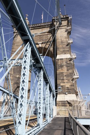 Photo for Covington - September 24, 2023: Roebling Suspension Bridge. The Roebling Bridge connects Cincinnati with Covington, Kentucky over the Ohio River. - Royalty Free Image