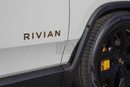 Photo for Ft. Wayne - November 7, 2023: Rivian R1S EV Electric Vehicle display at a dealership. Rivian offers the R1S in Adventure and Launch models. - Royalty Free Image