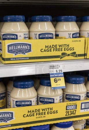 Photo for Lafayette - March 12, 2024: Hellman's Mayonnaise display at a grocery store. Hellmans and Best Foods Mayonnaise price is an indicator of high inflation. - Royalty Free Image