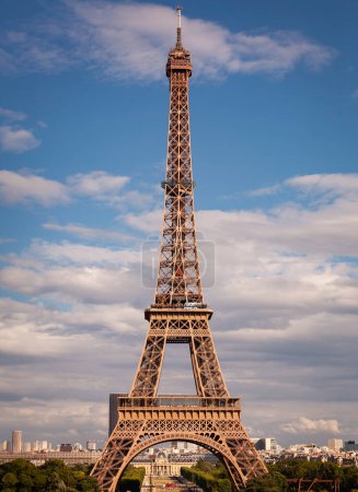 Photo for Vertical view of the famous Eiffel Tower in the capital city of Paris, France during the sunset hours - Royalty Free Image