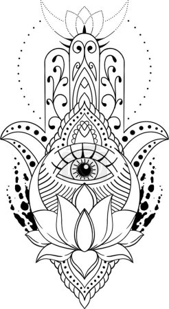 Photo for Hamsa hand symbol illustration with lotus flower. Decorative pattern in oriental style for tattoo and henna drawing. - Royalty Free Image