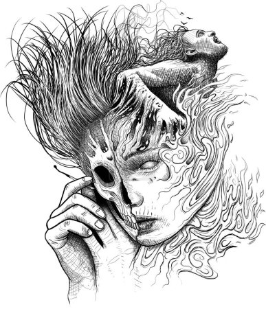 Illustration numérique dessinée à la main sur le thème du feu. Dessin noir et blanc foncé. Crâne vue du visage
