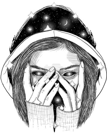 Photo for Sparkle illustration. Girl with stars hand drawn sketch. - Royalty Free Image