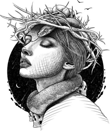 Photo for Woman illustration with snake, skulls and thorns. Dangerously - Royalty Free Image
