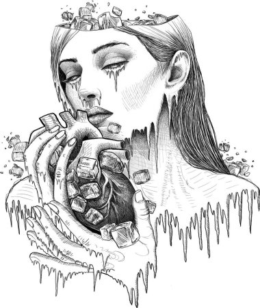 Frost illustration of woman holding ice heart.Black white digital sketch.