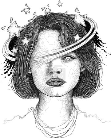 Drawing of a woman on a celestial theme with stars. Woman portrait illustration.