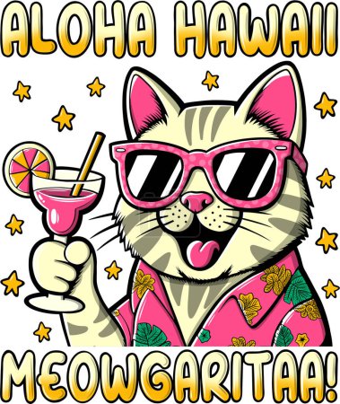Aloha Hawaii, Gato gracioso con un cóctel. Camiseta dibujada a mano ilustración.