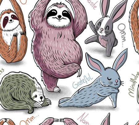 Photo for Cute cartoon yoga lover animals. Sloths and rabbits seamless pattern  illustration - Royalty Free Image