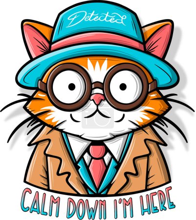 Lustige Katzenillustration mit Hut und Brille mit Krawatte.