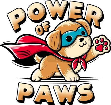 Cute cartoon dog illustration with superhero cape. Power of paws